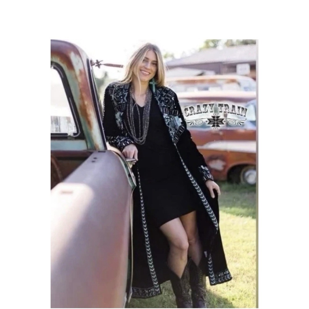 Crazy Train Womens Med The Strait Velvet Sequins Duster Jacket Black Turquoise